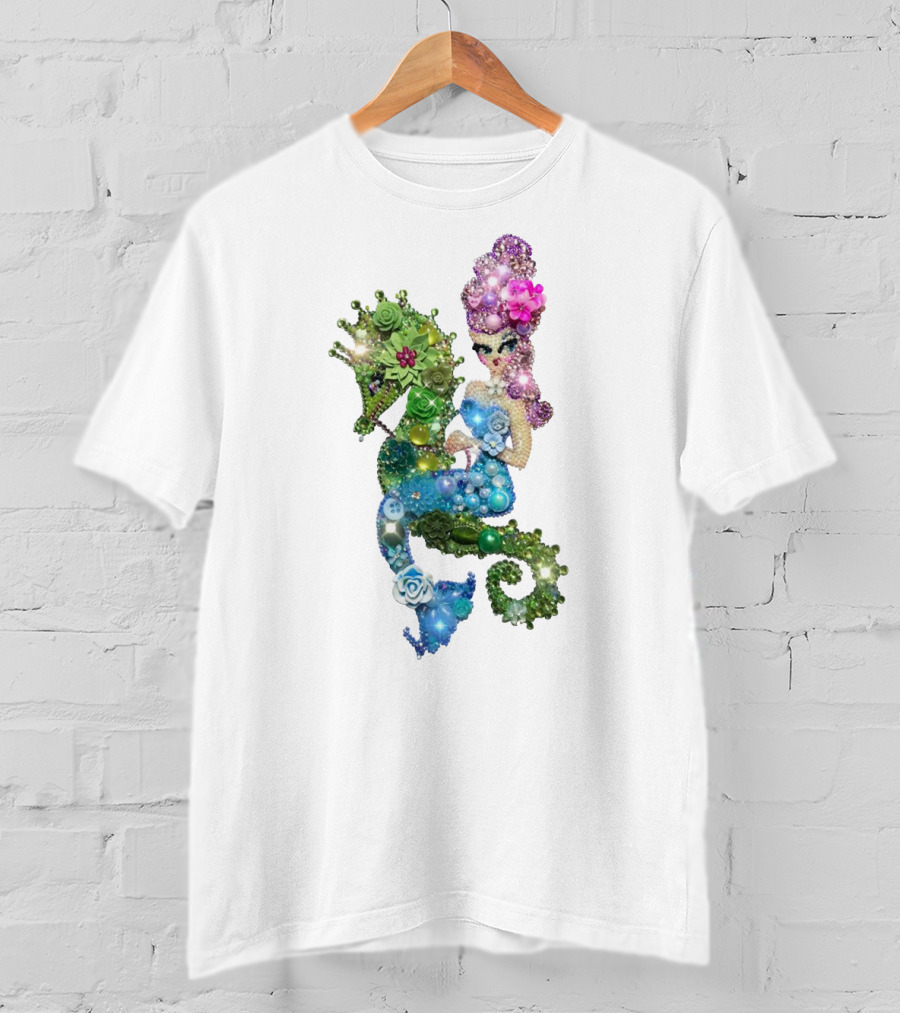 Mermaid Riding A Seahorse Jewel Embellished Fantasy Creature T-Shirt