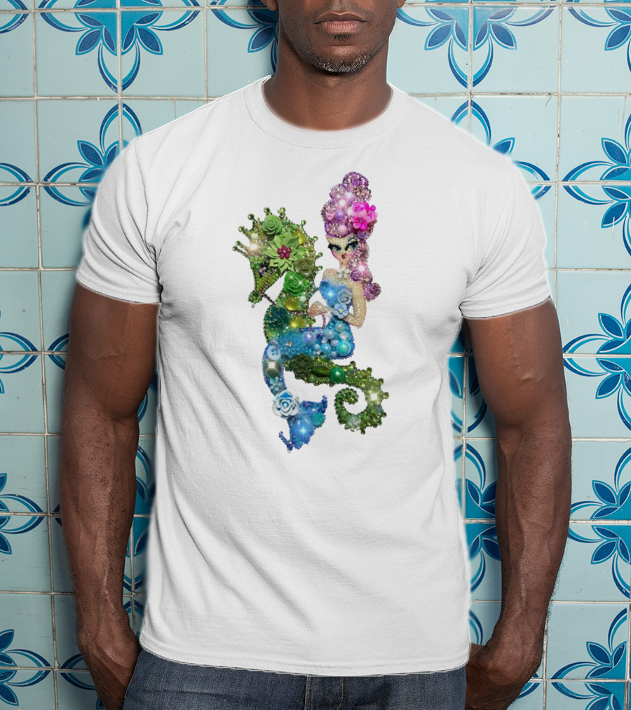 Mermaid Riding A Seahorse Jewel Embellished Fantasy Creature T-Shirt