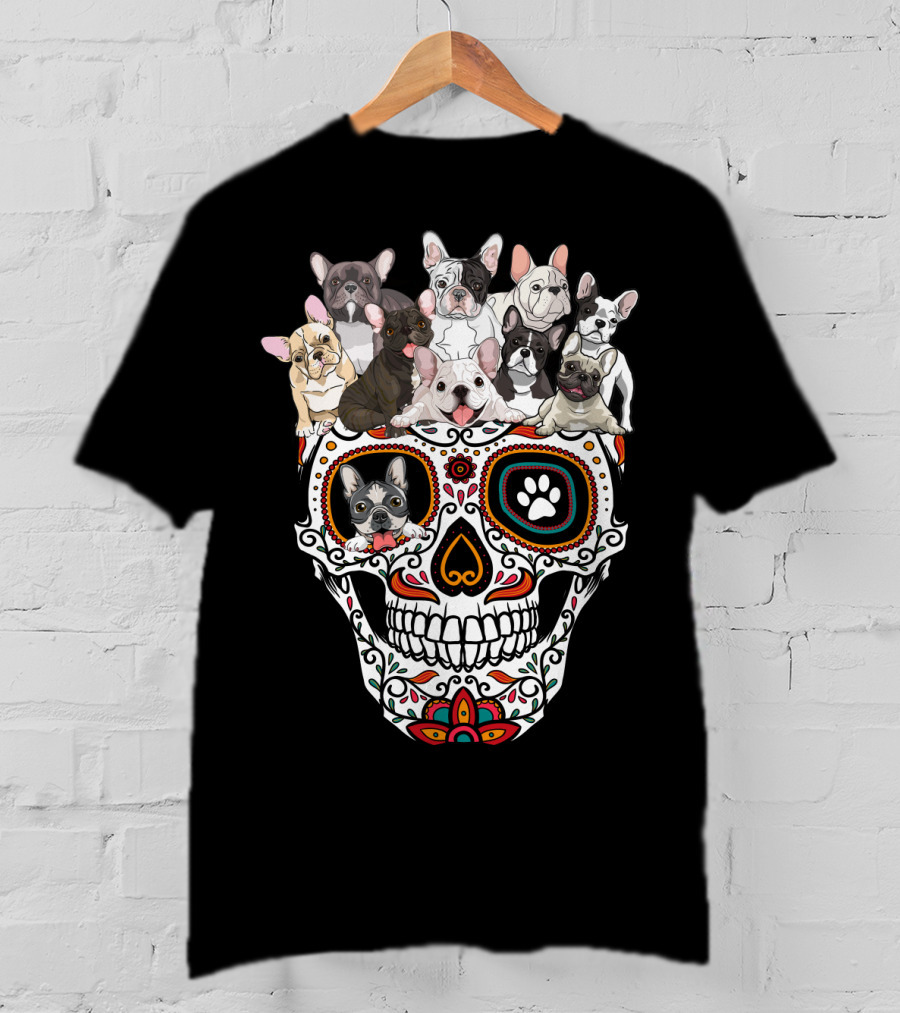 Skull Sugar French Bulldog Día De Los Muertos T-Shirt