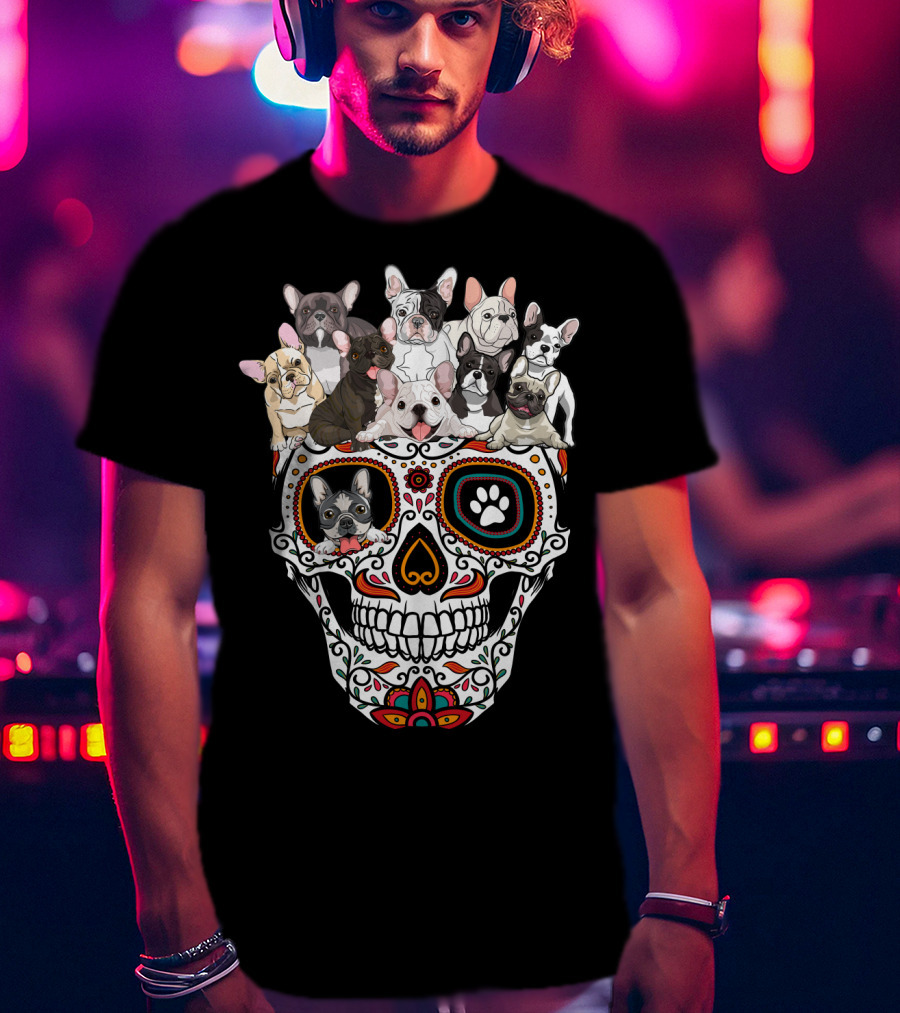 Skull Sugar French Bulldog Día De Los Muertos T-Shirt