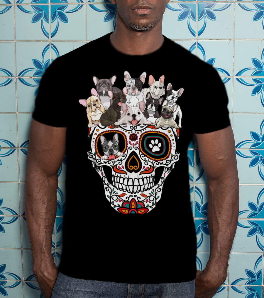 Skull Sugar French Bulldog Día De Los Muertos T-Shirt