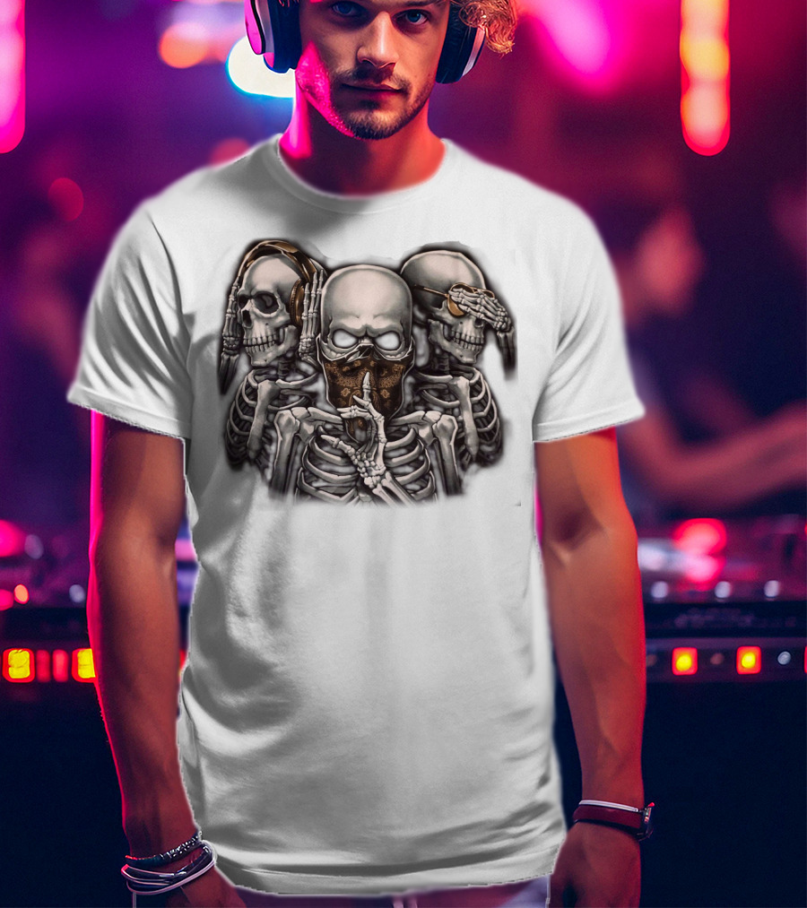 Skull Skeletons With Headphones And Bandana T-Shirt