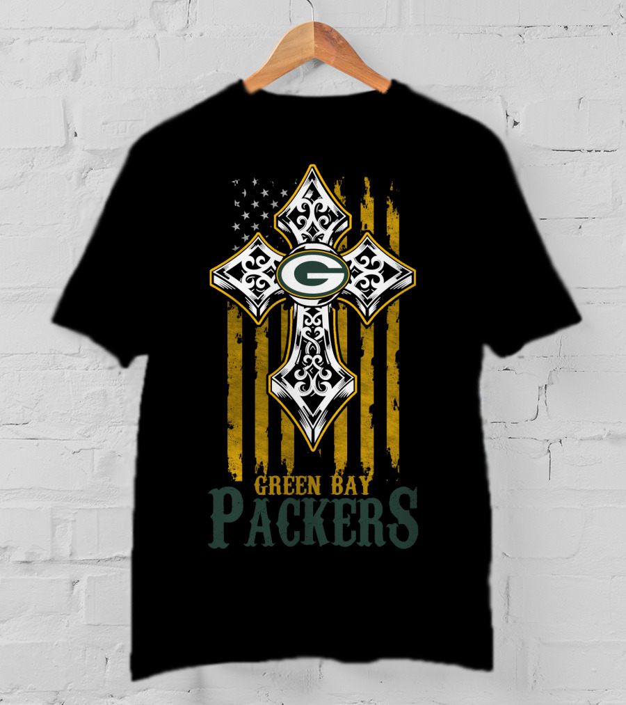 Green Bay Packers American Flag Cross T-Shirt