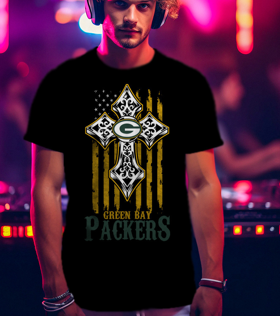 Green Bay Packers American Flag Cross T-Shirt