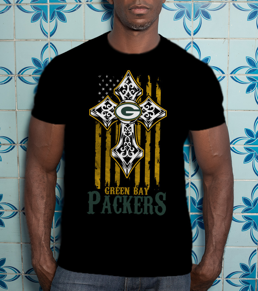 Green Bay Packers American Flag Cross T-Shirt