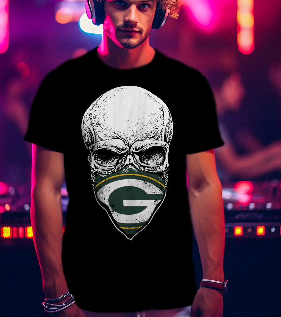 Skull With Green Bay Packers Bandana T-Shirt