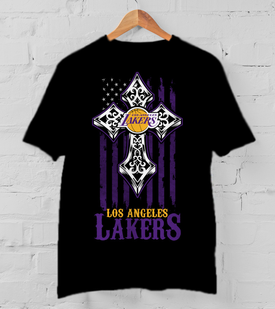 Los Angeles Lakers American Flag Purple Cross T-Shirt
