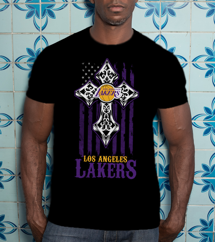 Los Angeles Lakers American Flag Purple Cross T-Shirt