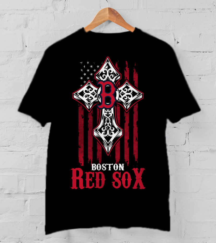 Boston Red Sox Patriotic Cross Stars And Stripes Motif T-Shirt