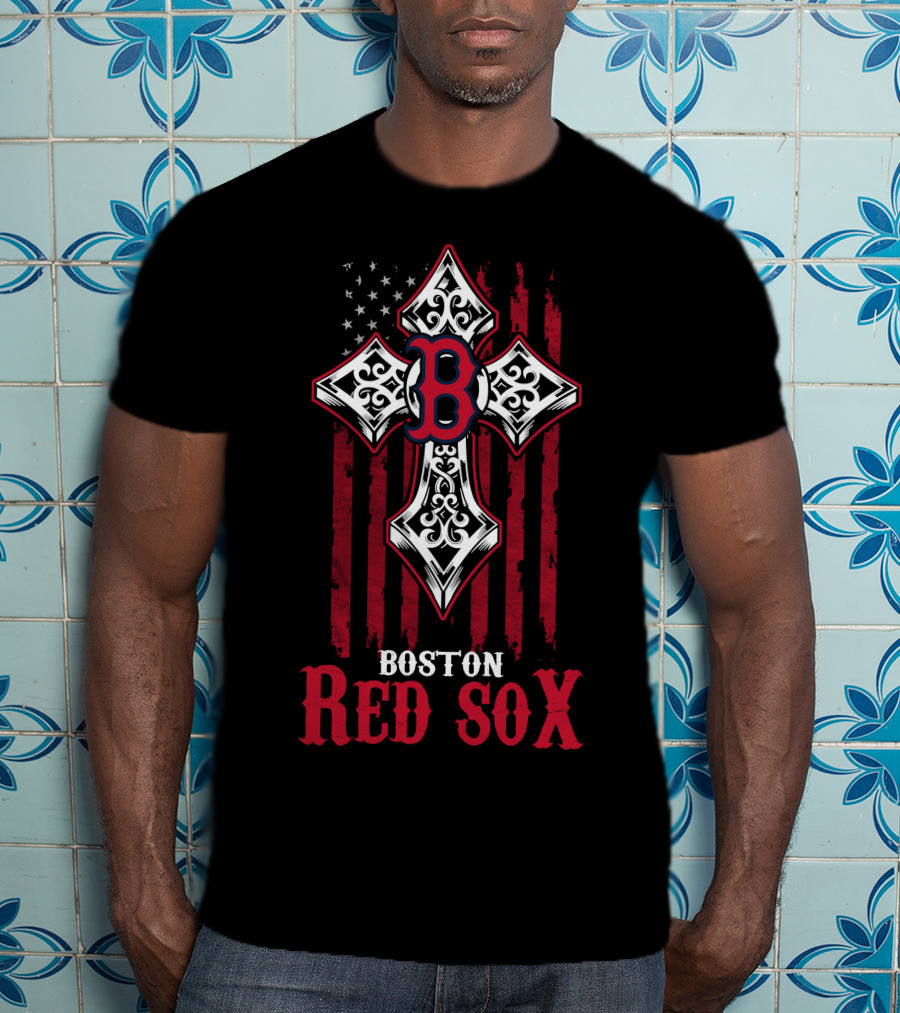 Boston Red Sox Patriotic Cross Stars And Stripes Motif T-Shirt