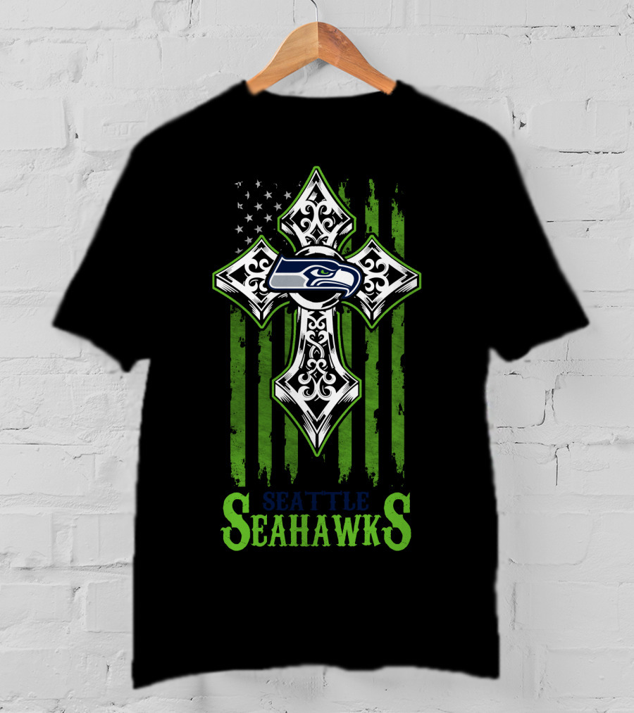 Seattle Seahawks Cross With American Flag Elements T-Shirt