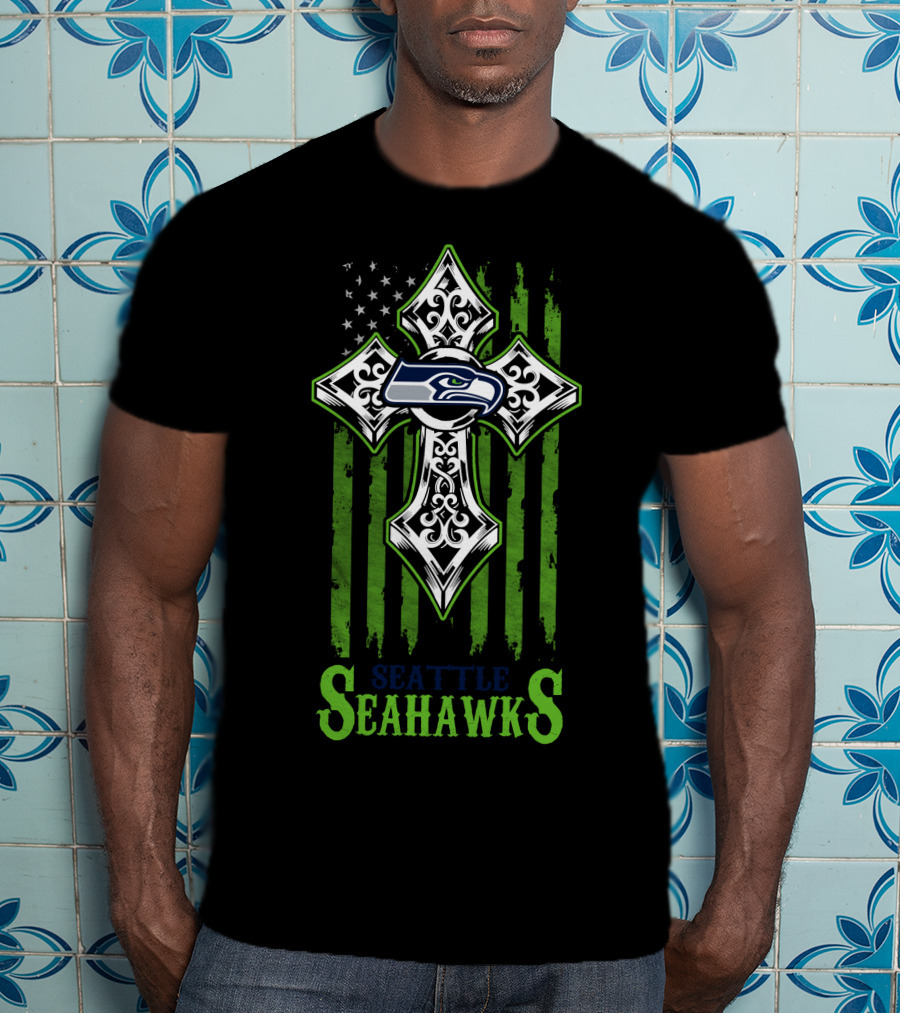 Seattle Seahawks Cross With American Flag Elements T-Shirt