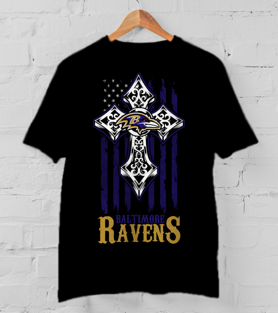 Baltimore Ravens Cross American Flag T-Shirt