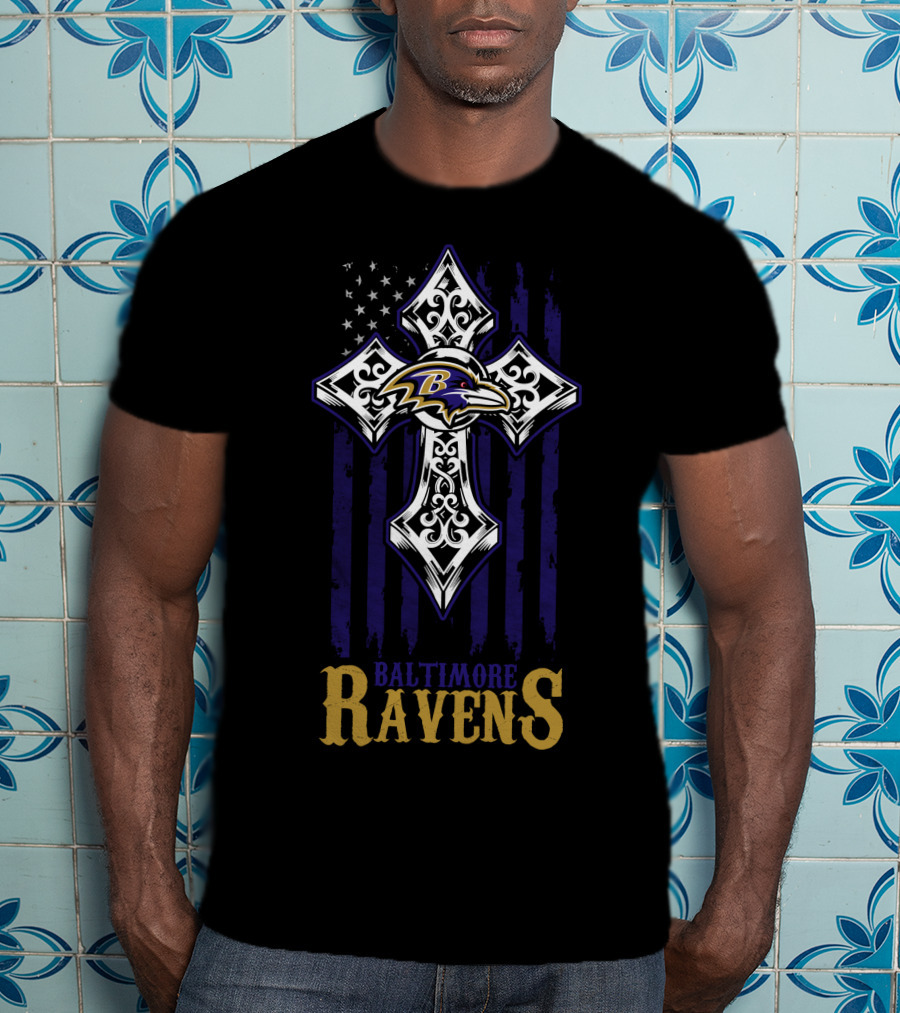 Baltimore Ravens Cross American Flag T-Shirt