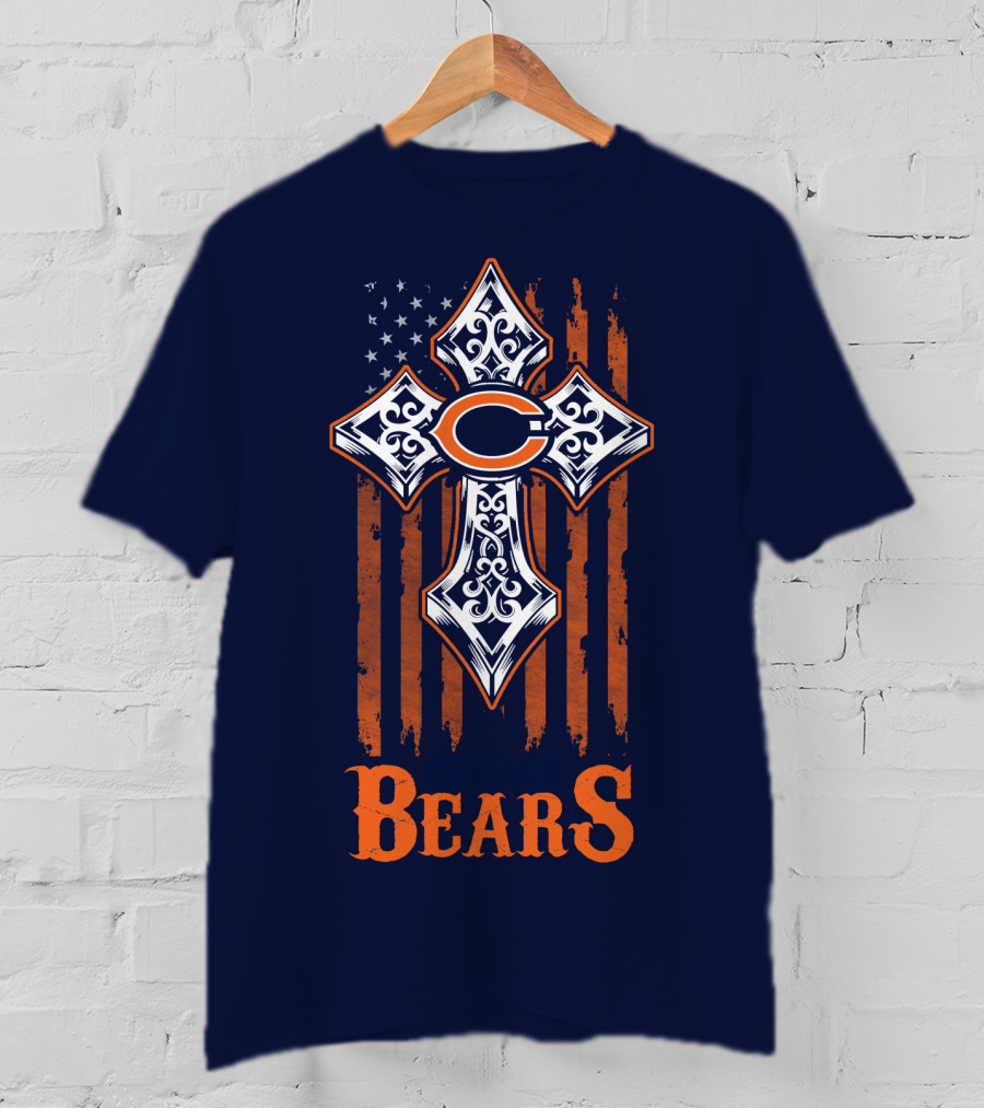 Chicago Bears Cross With American Flag Stripes T-Shirt