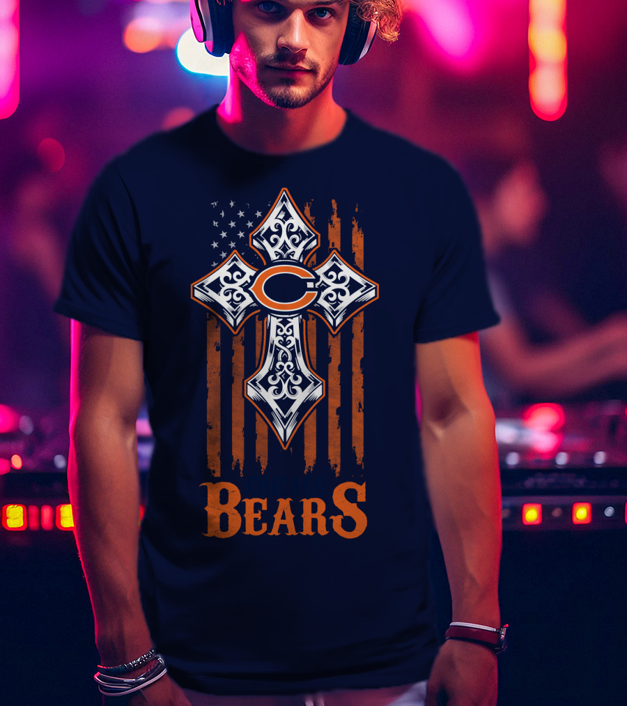 Chicago Bears Cross With American Flag Stripes T-Shirt