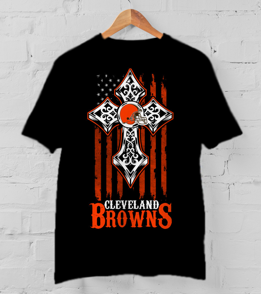 Cleveland Browns Cross And Helmet American Flag T-Shirt