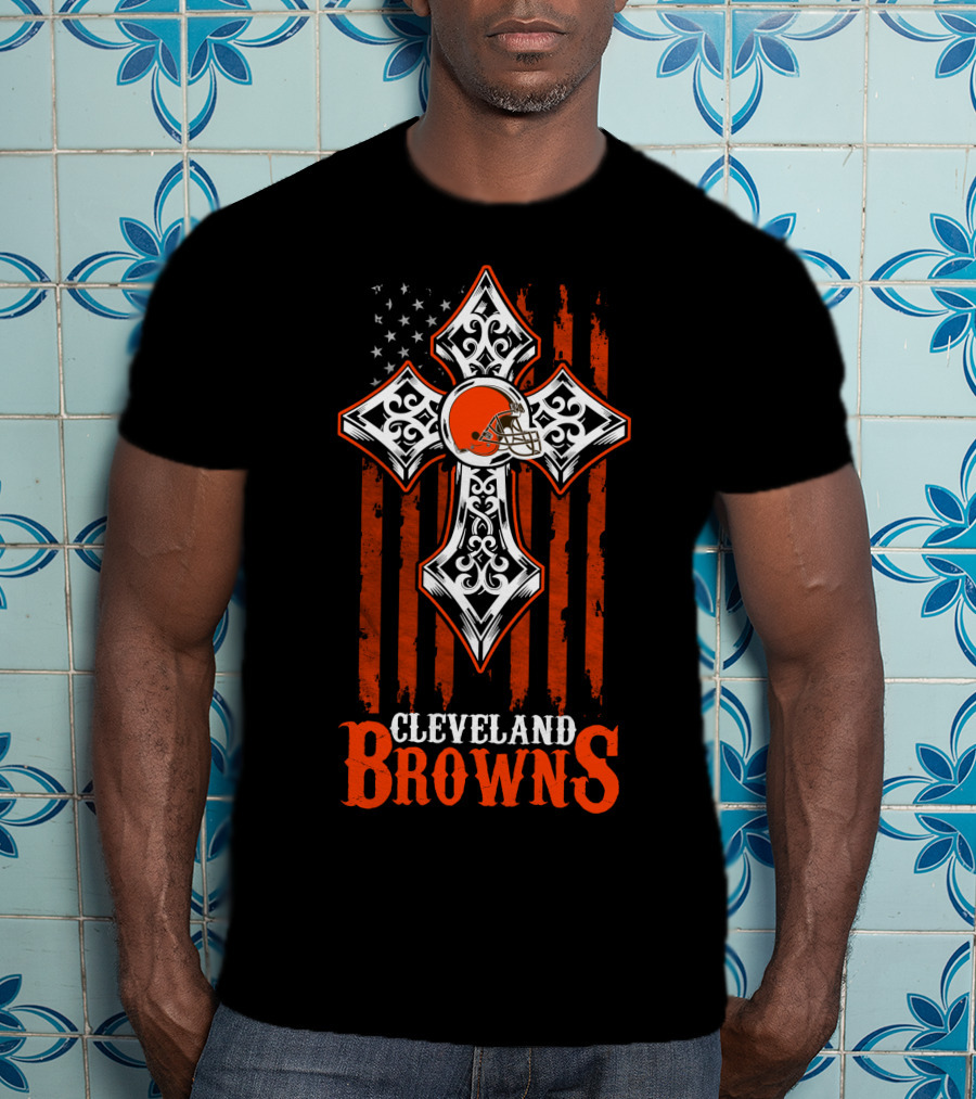 Cleveland Browns Cross And Helmet American Flag T-Shirt