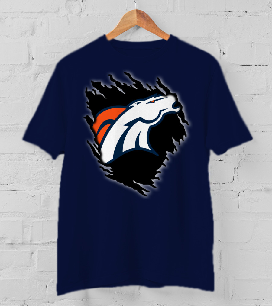 Denver Broncos Ripped Torn Logo Peeling Illusion Dark Blue T-Shirt