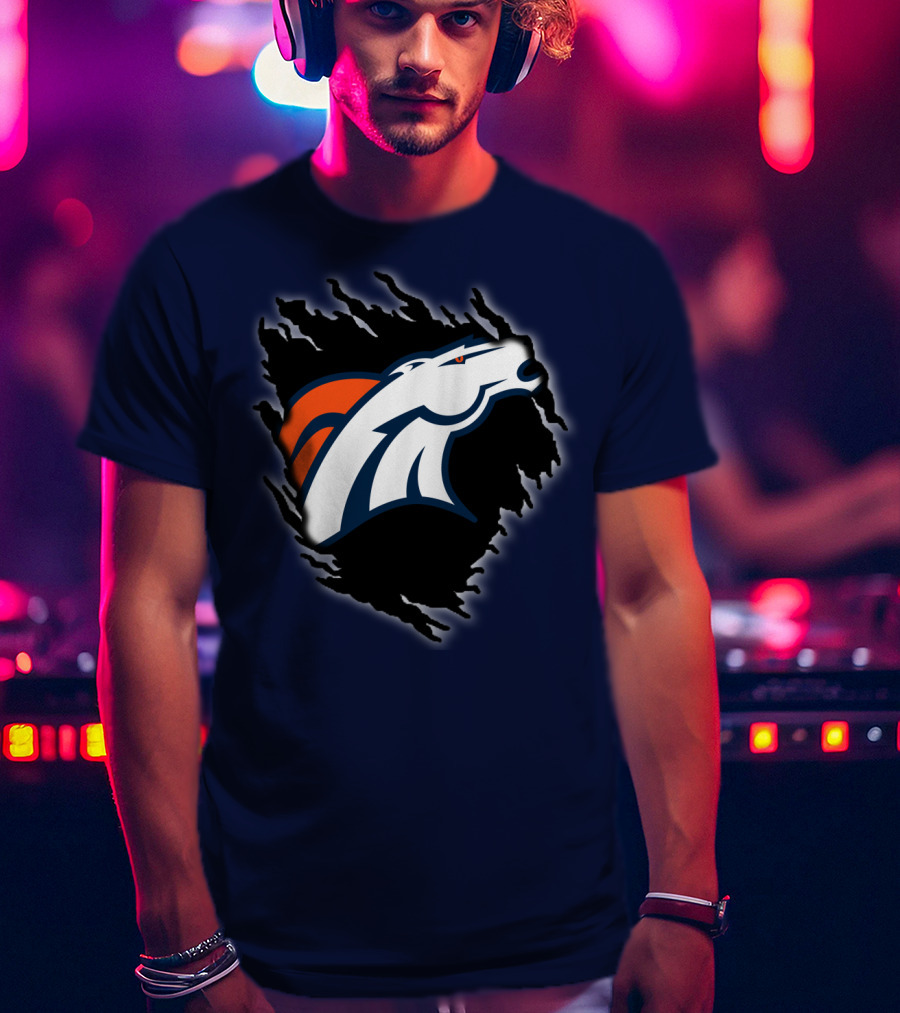 Denver Broncos Ripped Torn Logo Peeling Illusion Dark Blue T-Shirt