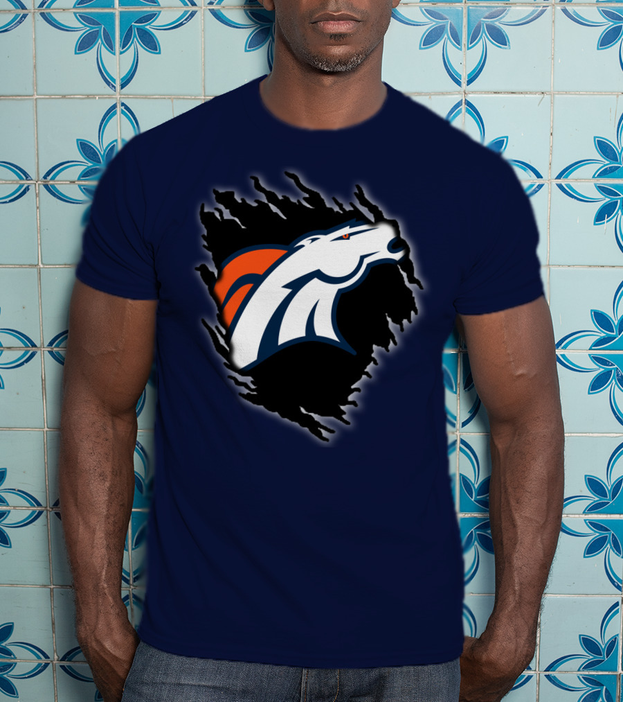 Denver Broncos Ripped Torn Logo Peeling Illusion Dark Blue T-Shirt