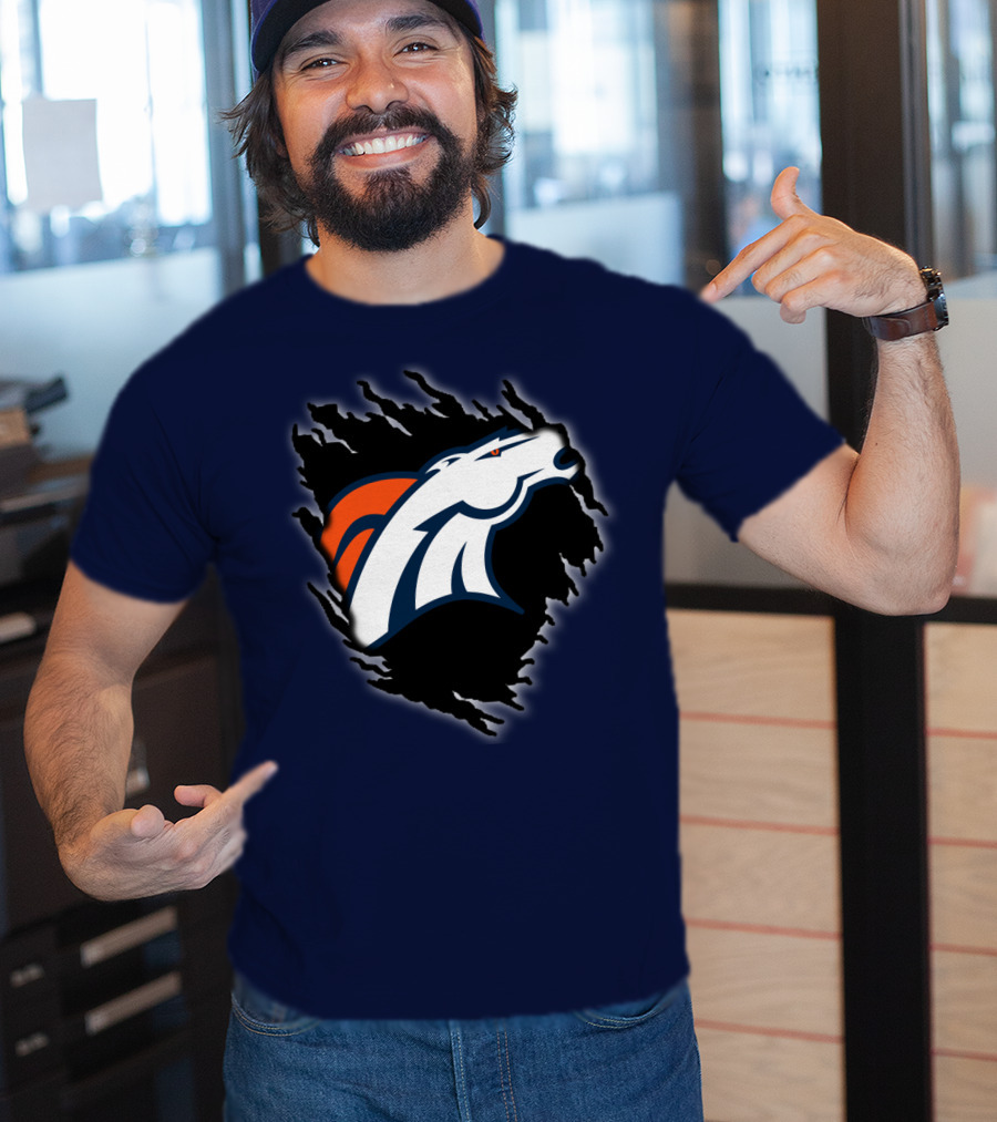 Denver Broncos Ripped Torn Logo Peeling Illusion Dark Blue T-Shirt