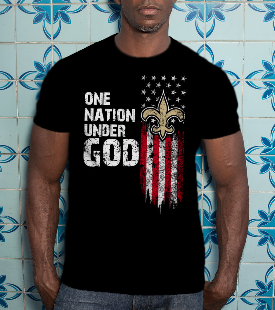 One Nation Under God New Orleans Saints Fleur-De-Lis American Flag Stars T-Shirt