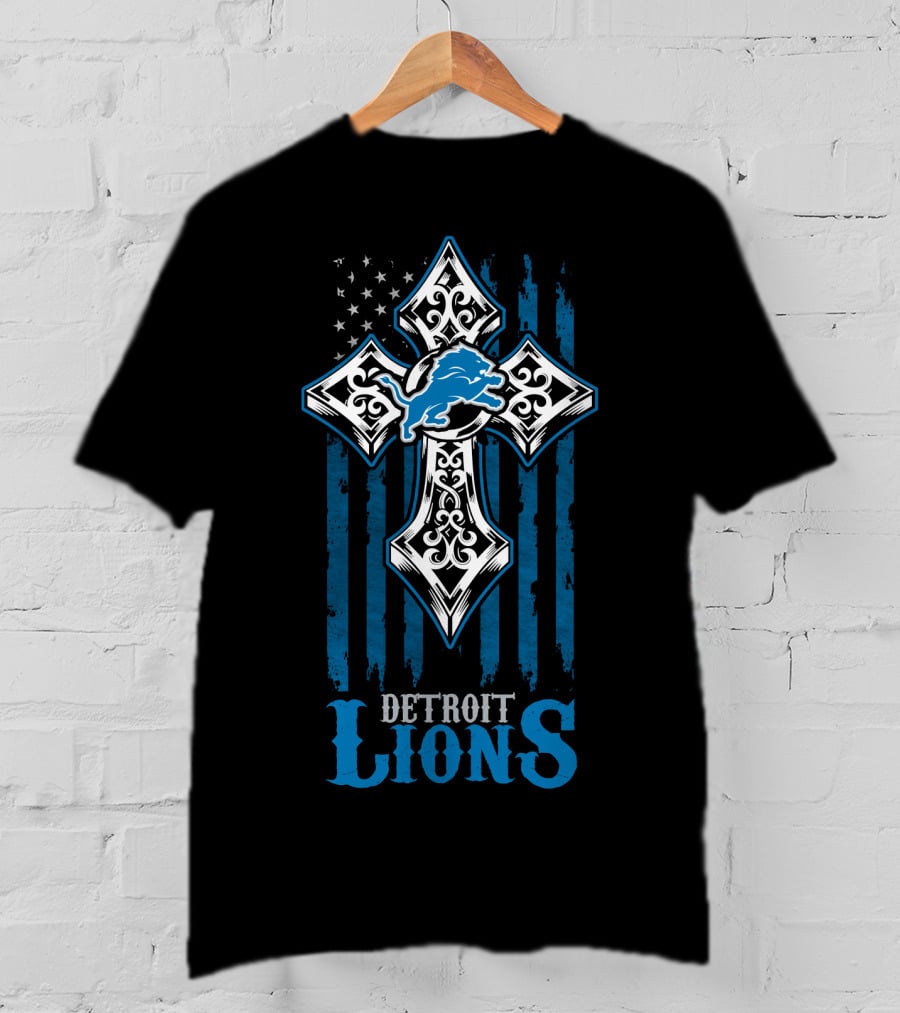 Detroit Lions Cross And Flag Design With Blue Lion T-Shirt