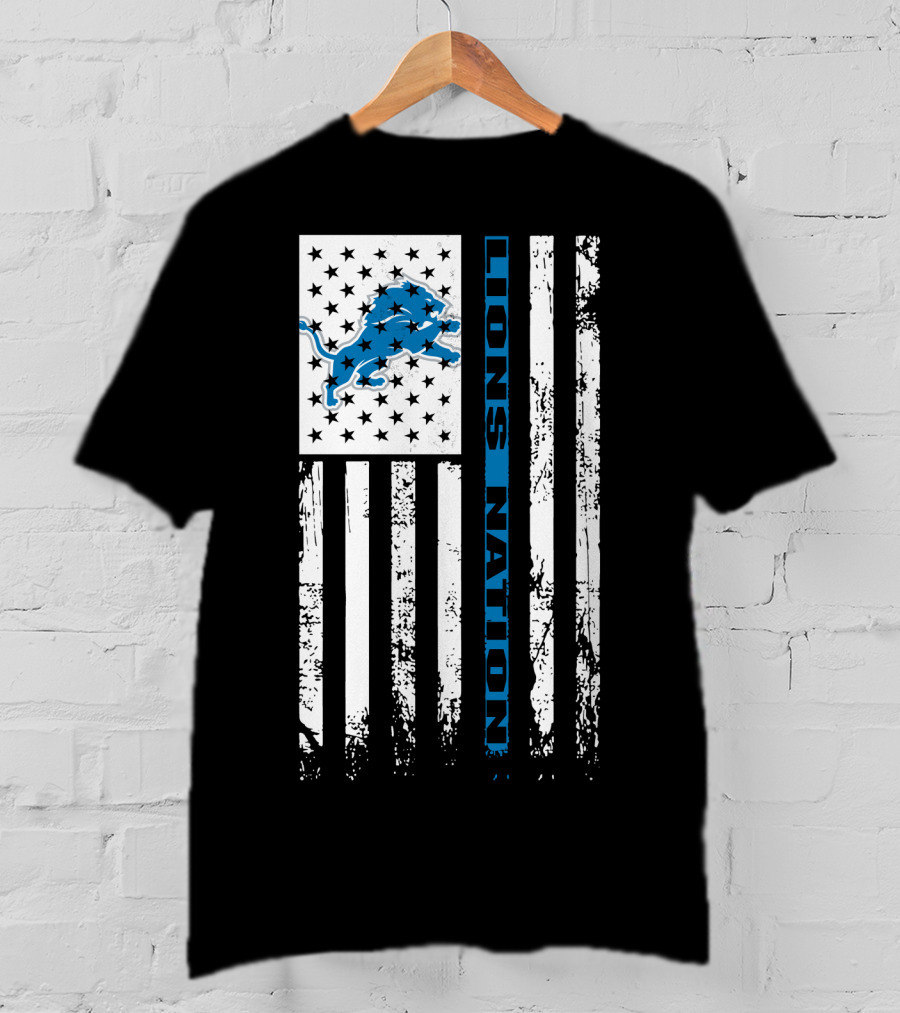 Detroit Lions Nation Flag Design With Blue Lion And Stars T-Shirt
