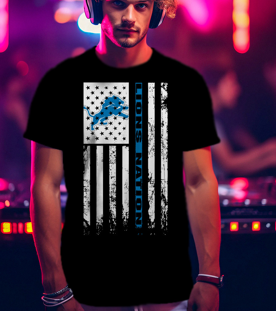 Detroit Lions Nation Flag Design With Blue Lion And Stars T-Shirt