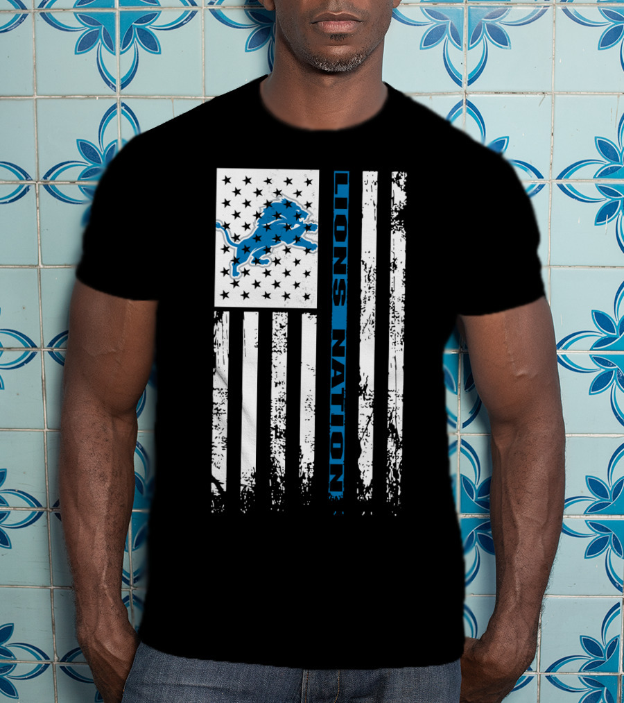 Detroit Lions Nation Flag Design With Blue Lion And Stars T-Shirt
