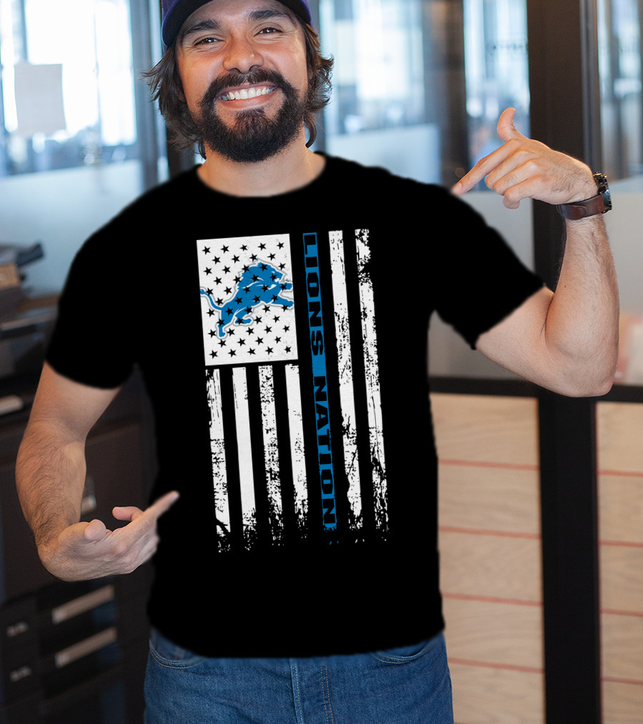 Detroit Lions Nation Flag Design With Blue Lion And Stars T-Shirt