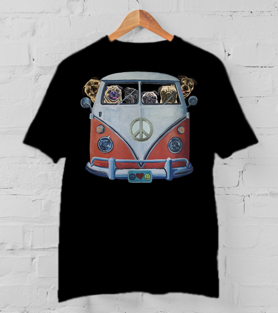 Pug Faces In Iconic Hippie Van With Peace Symbol And Love Smile Elements T-Shirt