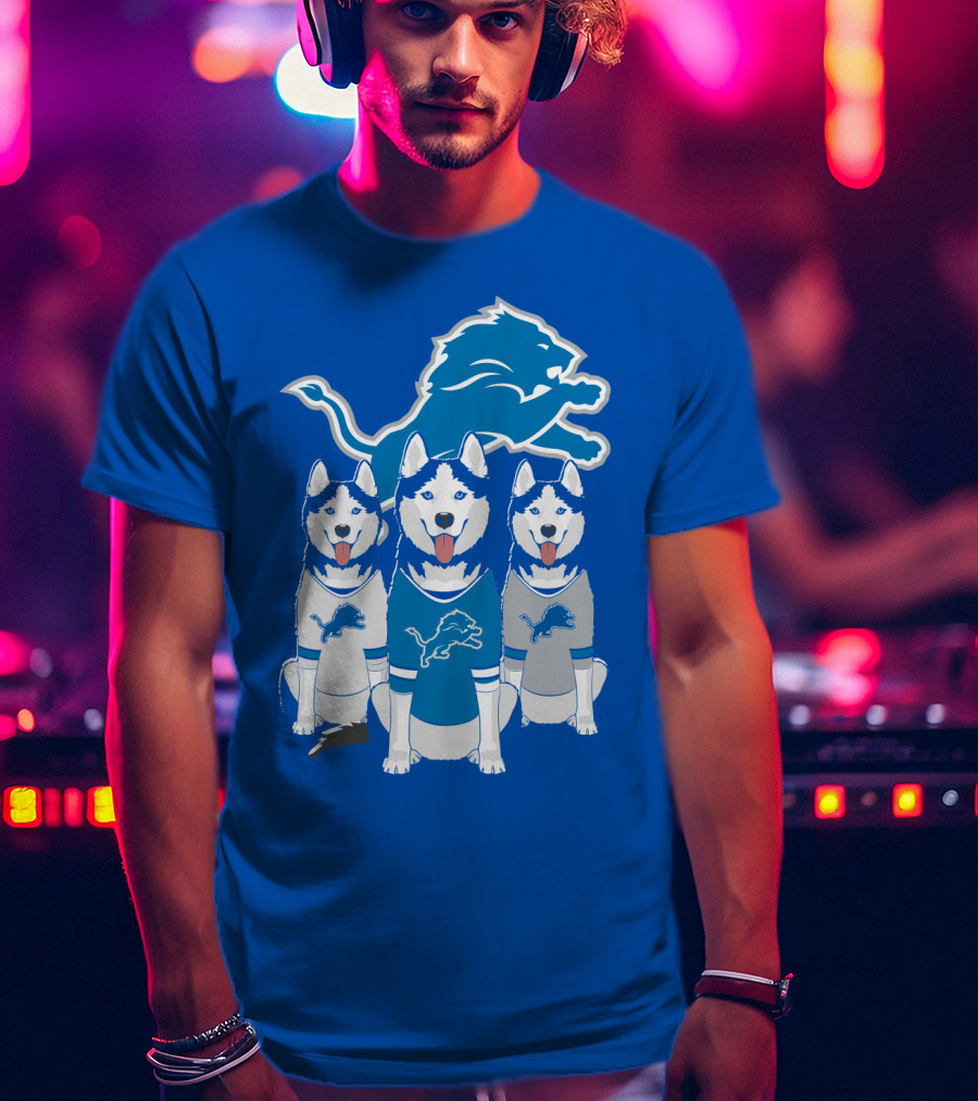 Detroit Lions Husky Trio With Iconic Blue Lion T-Shirt
