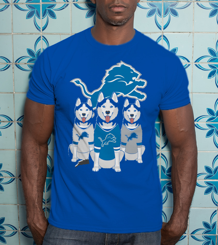 Detroit Lions Husky Trio With Iconic Blue Lion T-Shirt