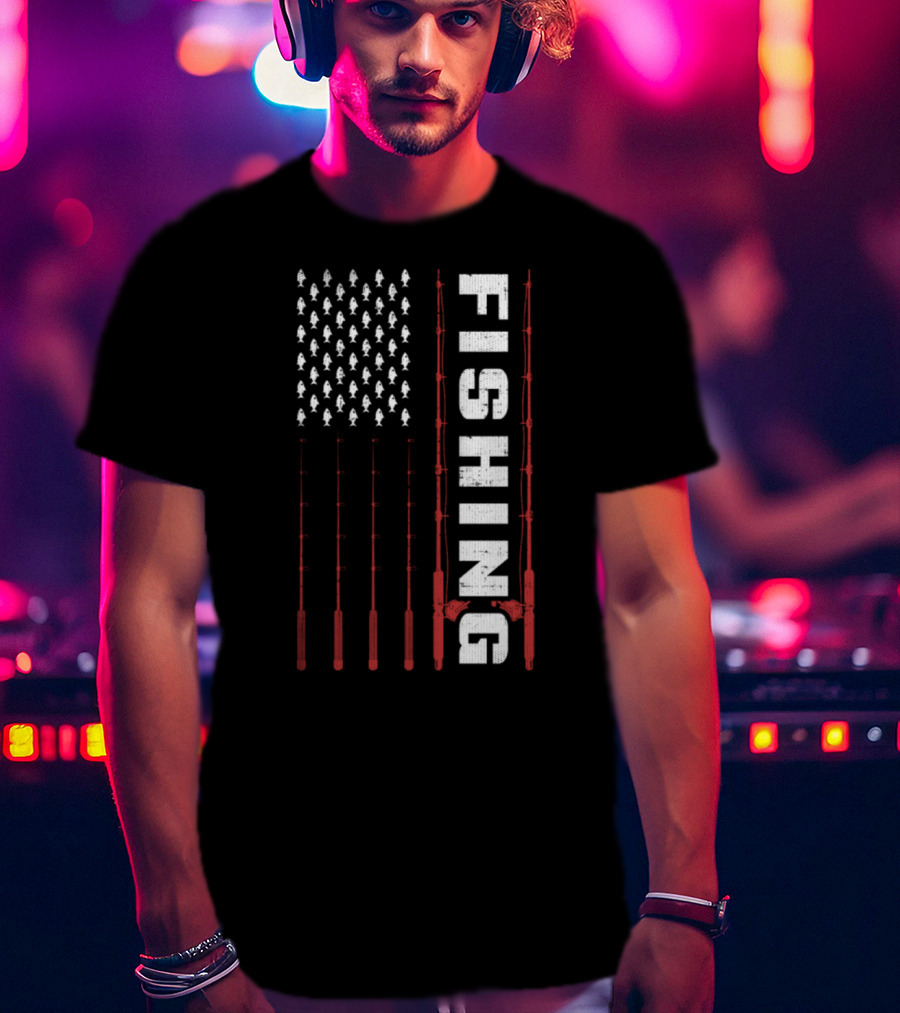 Fishing Flag Fishing Poles And Fish American T-Shirt