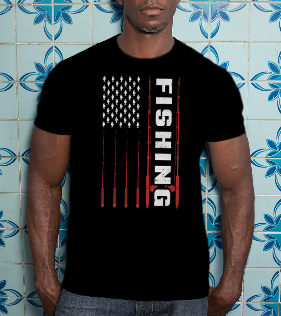 Fishing Flag Fishing Poles And Fish American T-Shirt