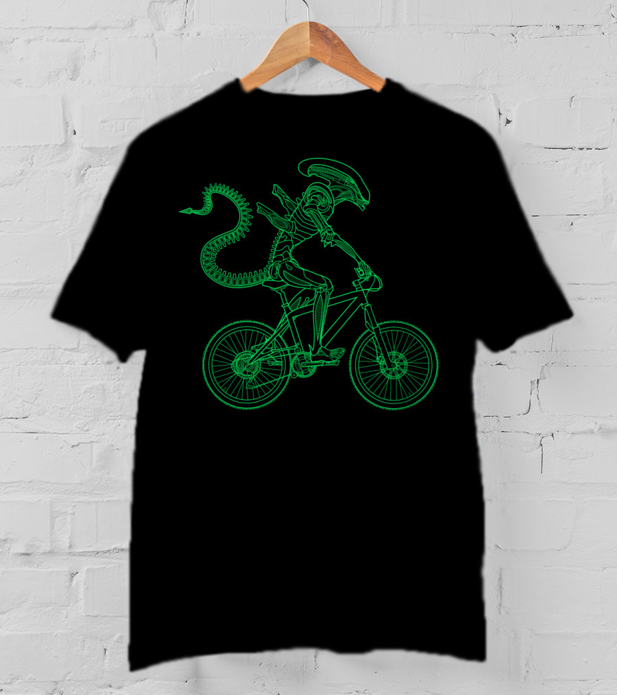Alien Bicycle Rider Neon Green Xenomorph Outline T-Shirt