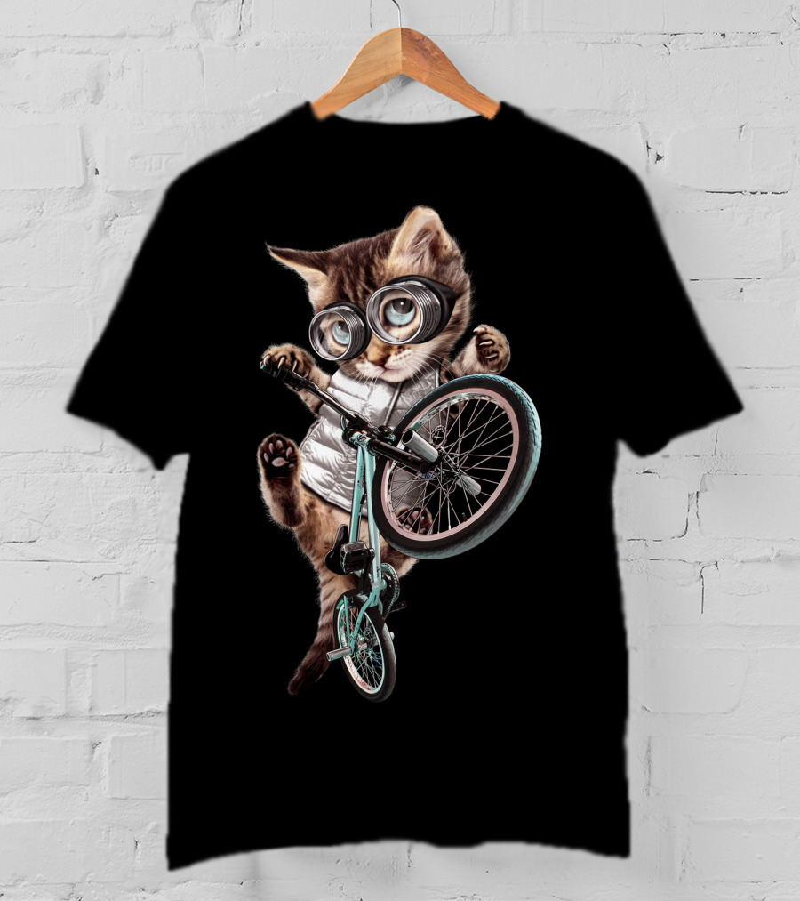 BMX Cat With Glasses Performing Trick On Bicycle T-Shirt