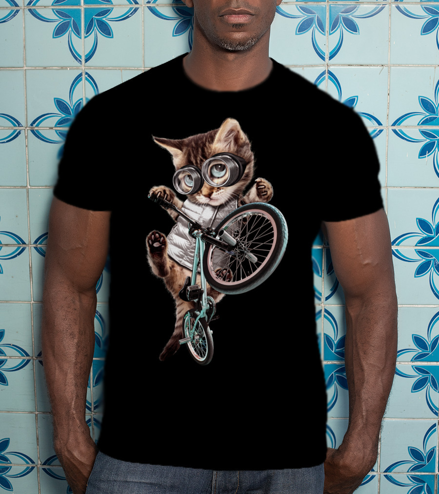 BMX Cat With Glasses Performing Trick On Bicycle T-Shirt