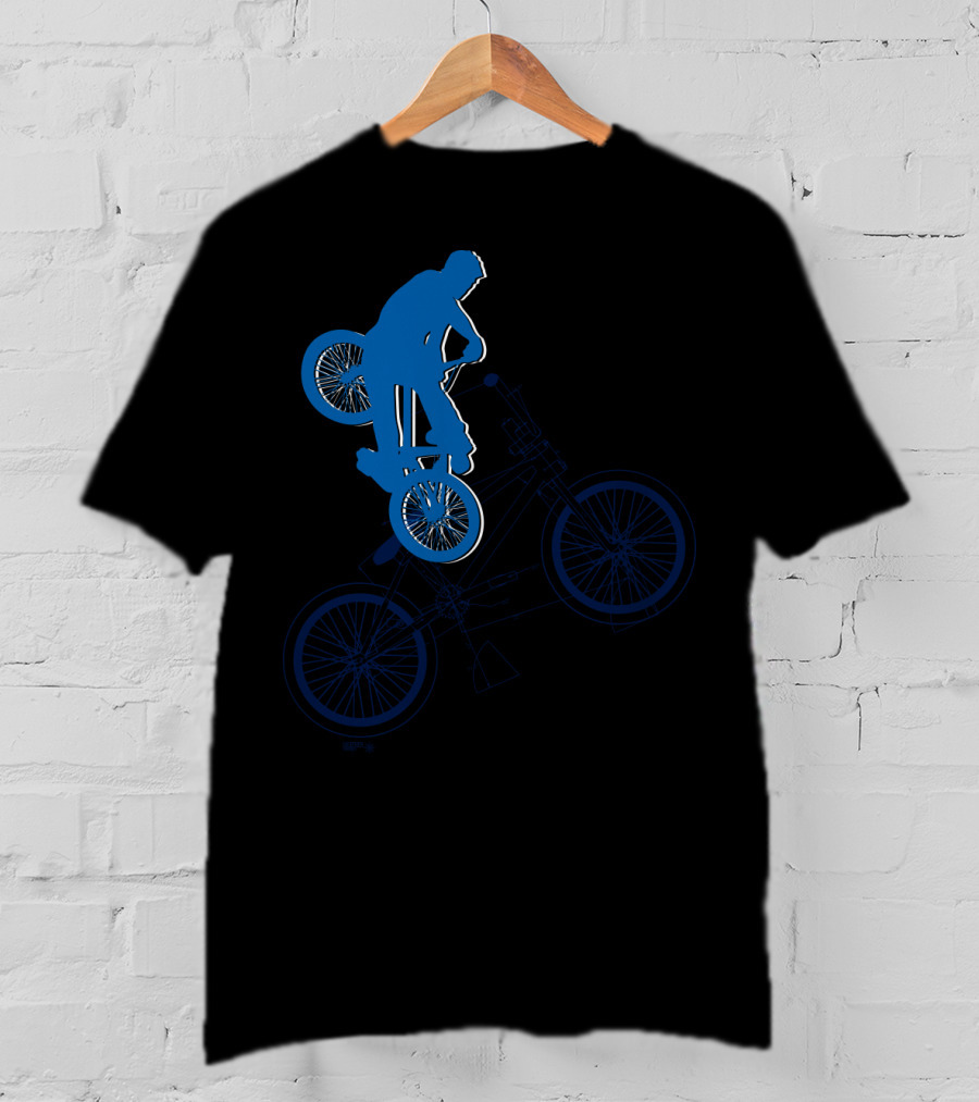BMX Rider Blue Silhouette With Detailed Bike Blueprint T-Shirt