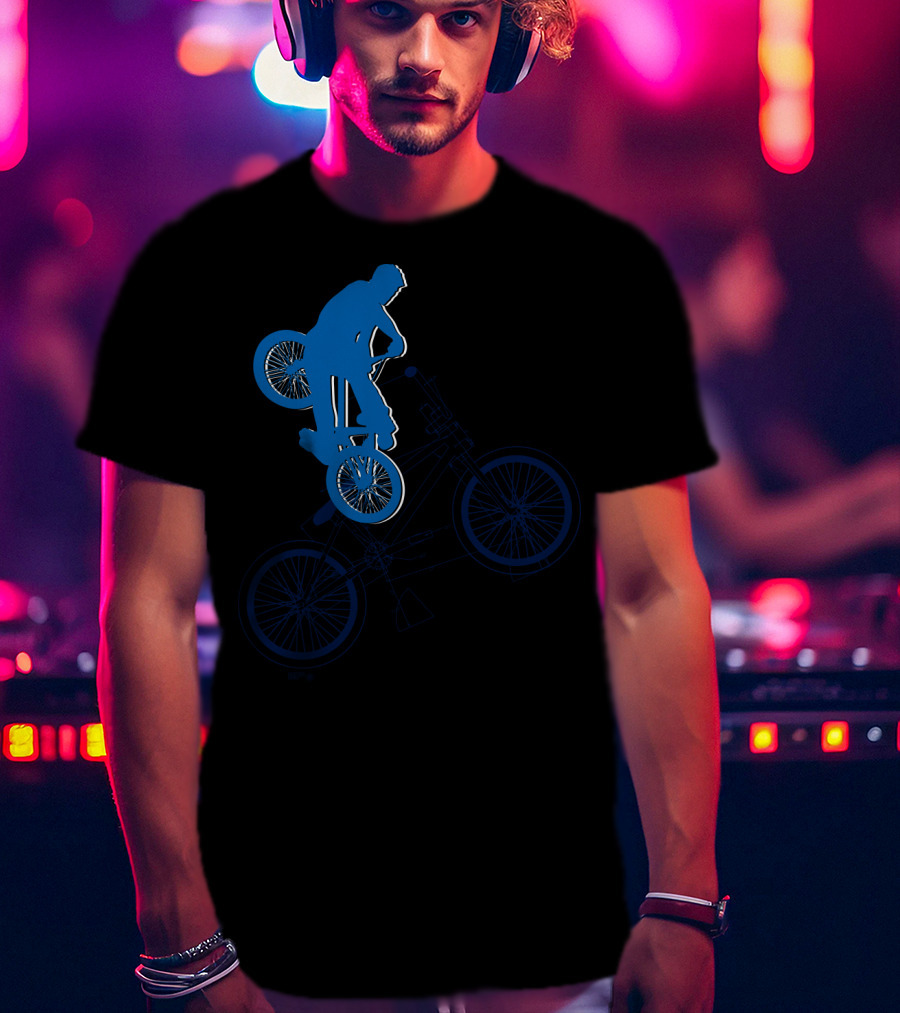 BMX Rider Blue Silhouette With Detailed Bike Blueprint T-Shirt