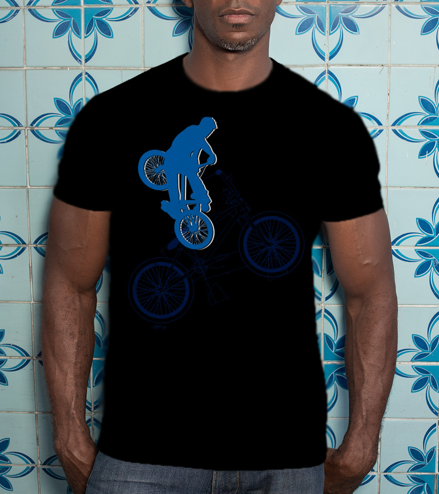 BMX Rider Blue Silhouette With Detailed Bike Blueprint T-Shirt