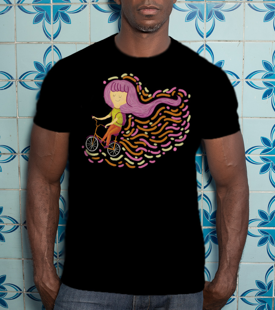 Claire Riding Bicycle With Flowing Pink Hair And Colorful Trails T-Shirt