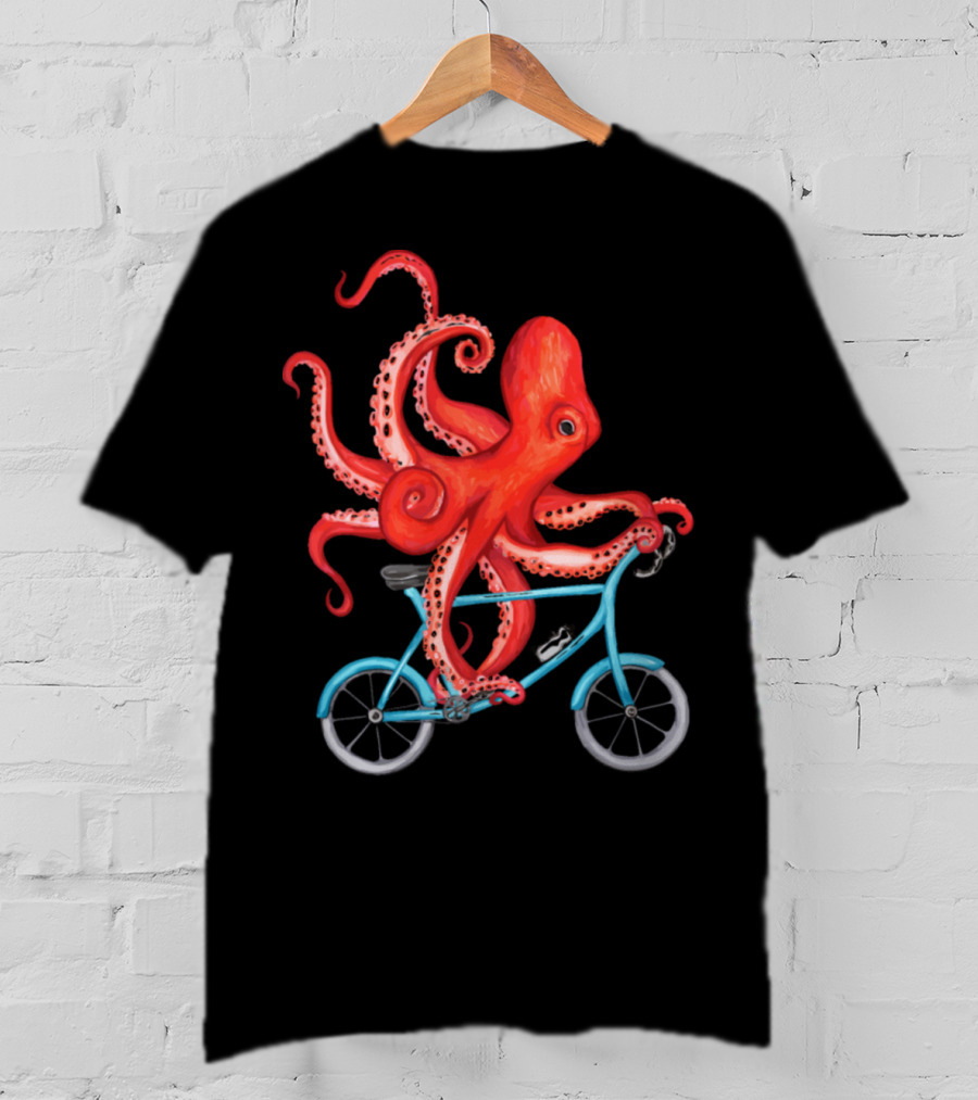 Cycling Octopus On Blue Bicycle T-Shirt