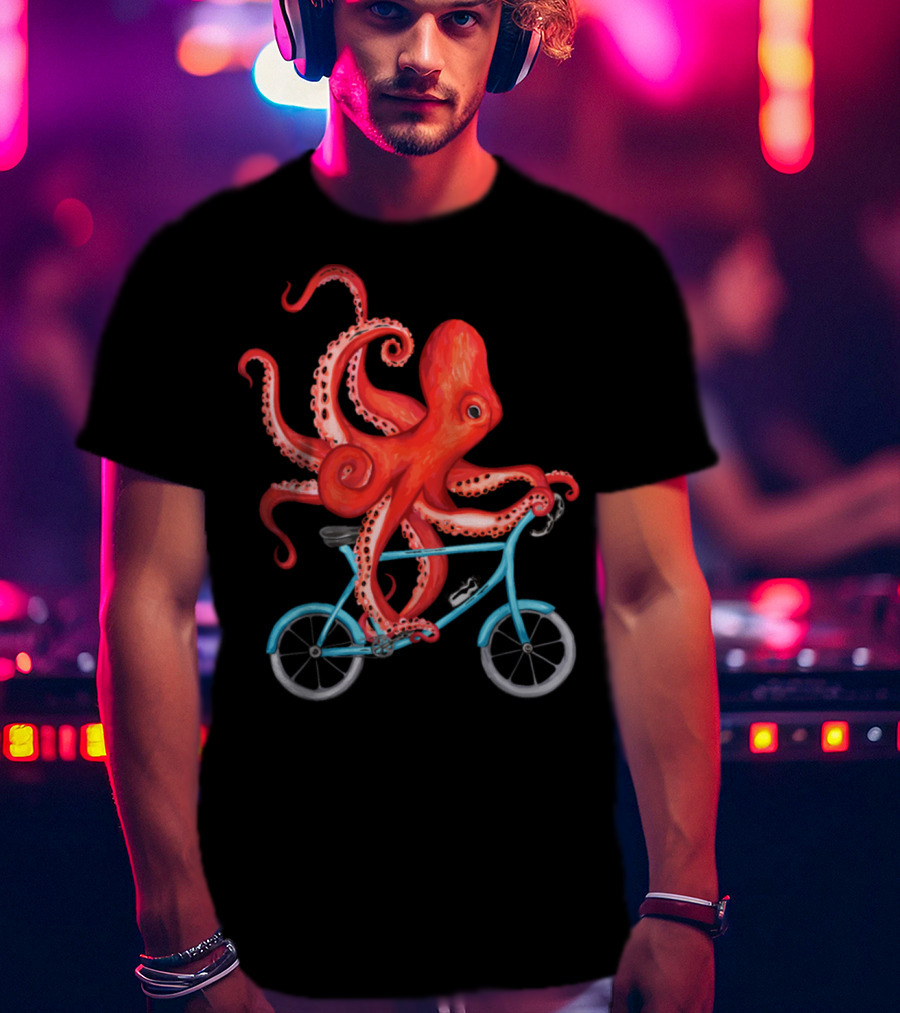 Cycling Octopus On Blue Bicycle T-Shirt