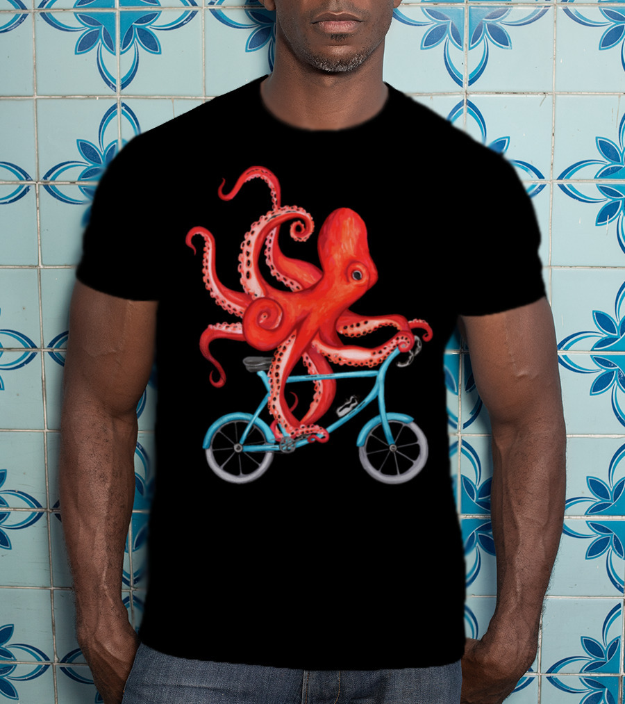 Cycling Octopus On Blue Bicycle T-Shirt