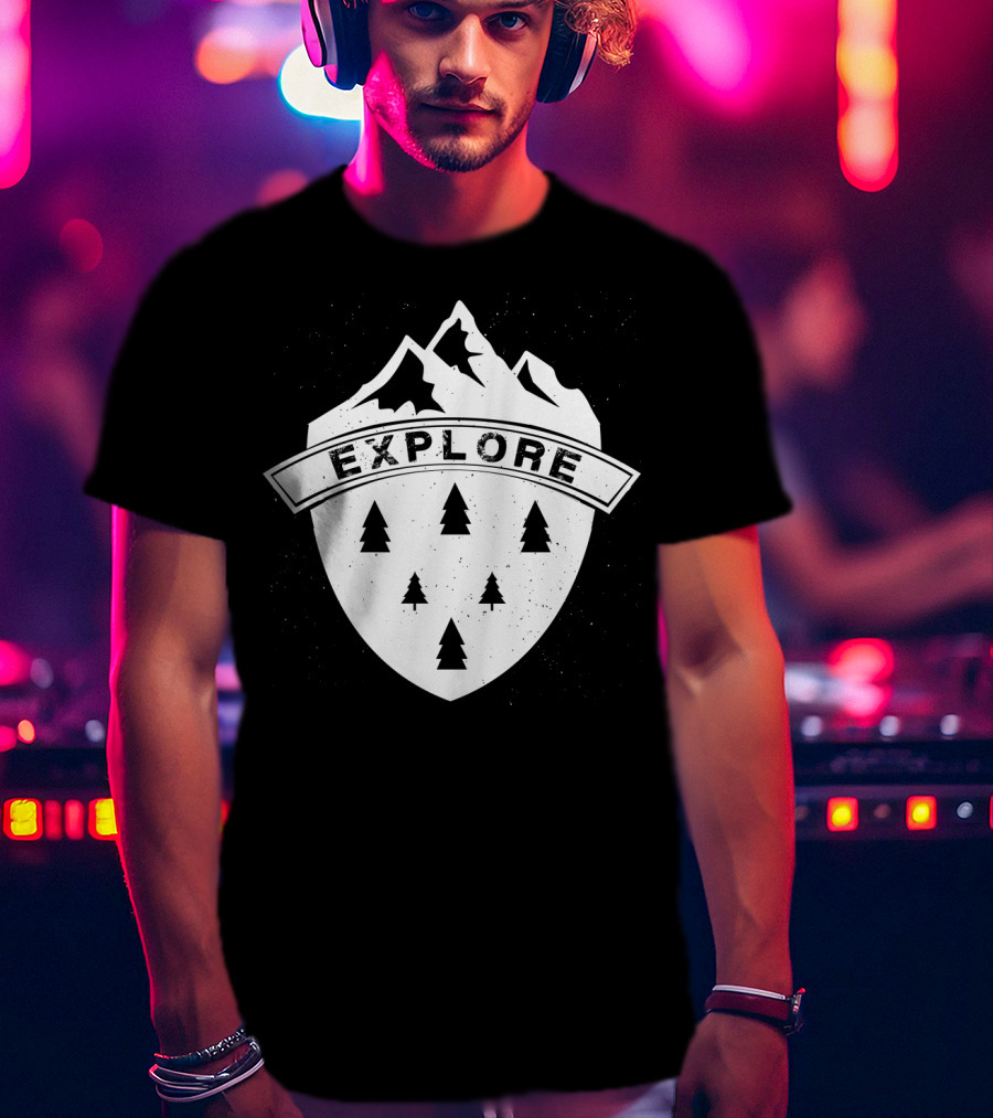 Explore The Great Outdoors Mountains Trees Badge T-Shirt