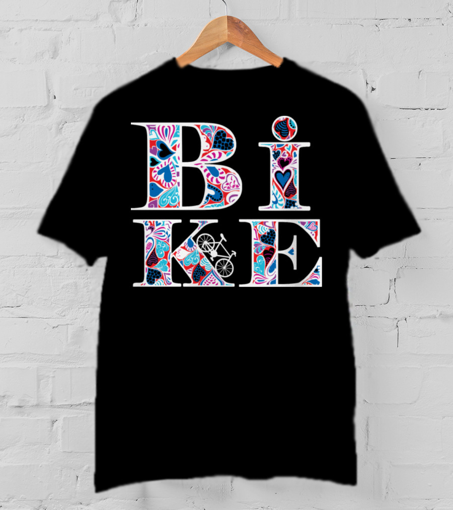 Heart Pattern Bike Typography T-Shirt