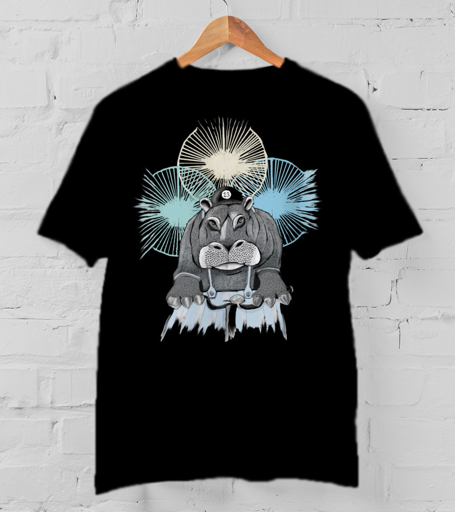 Hippo With Cap Number 13 Riding A Bike With Radiant Starburst Background T-Shirt